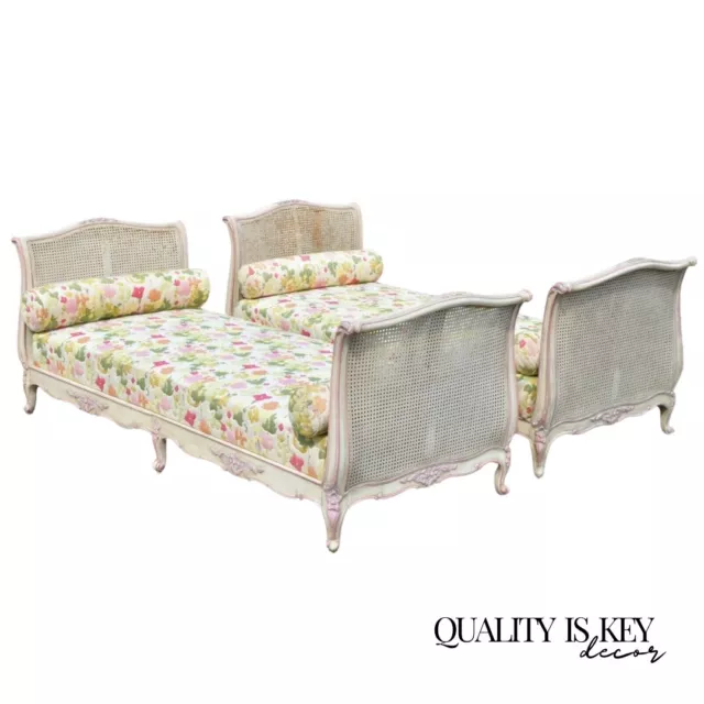 Pair of French Louis XV Style Pink & Cream Painted Bed Carved Wood & Cane Daybed