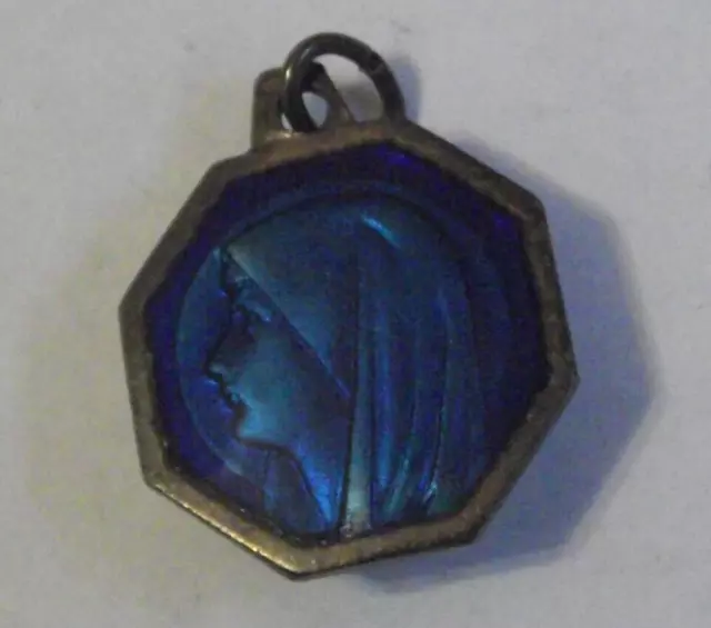 Vtg blue enamel Our Lady of Lourdes water relic pendant charm medal France