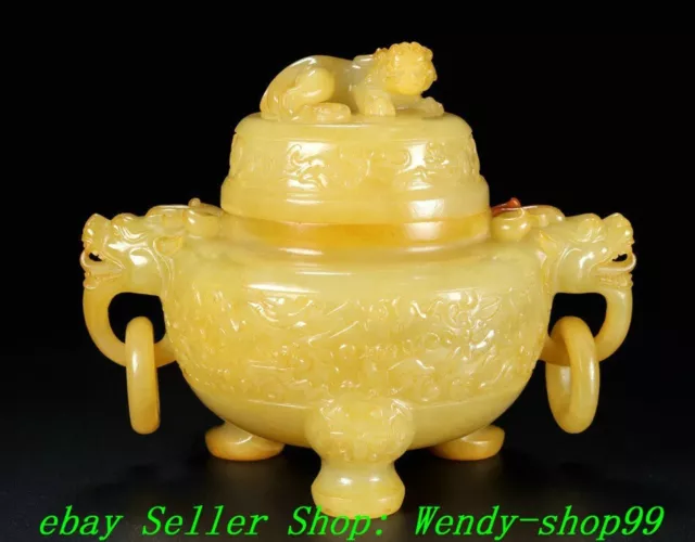 Old Natural Hetian Jade Carve Dragon Pixiu Beast Head Ring Incense Burner Censer