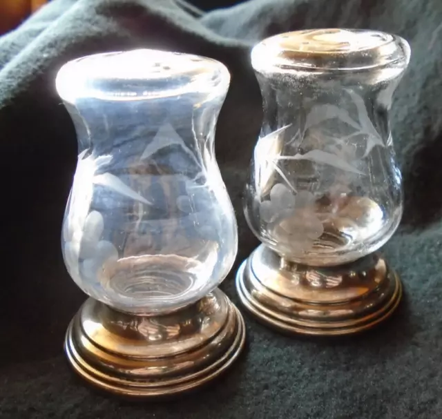 Vintage Alvin S270 Sterling Silver Weighted Etched Glass Salt and Pepper Shakers