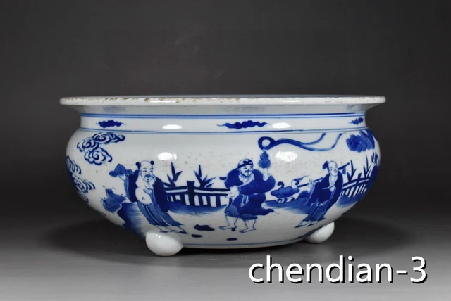 10"antiquePorcelain mark Qing Kangxi Blueandwhite eightXianPattern Incenseburner