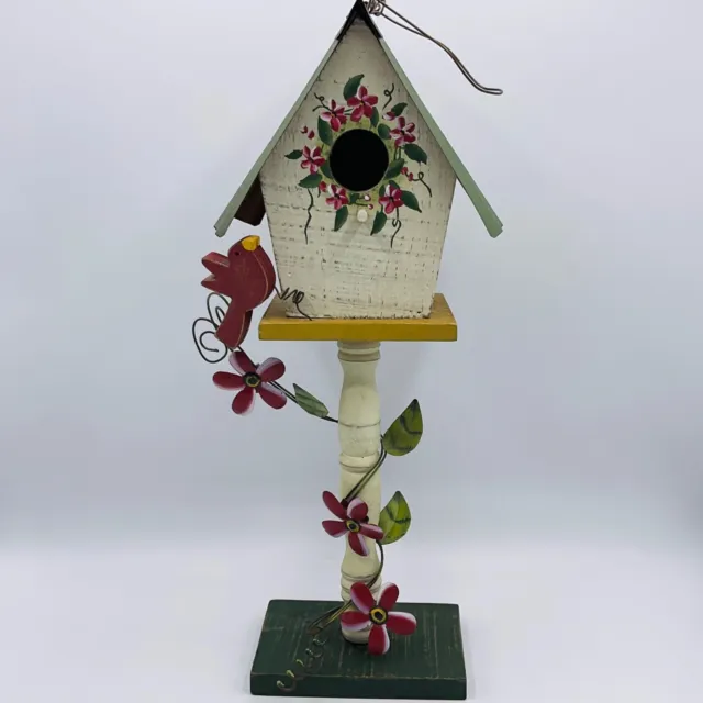 Bird House Decorative Wooden Metal Roof Wire 14”Tall Home Patio Mantle Whimsical