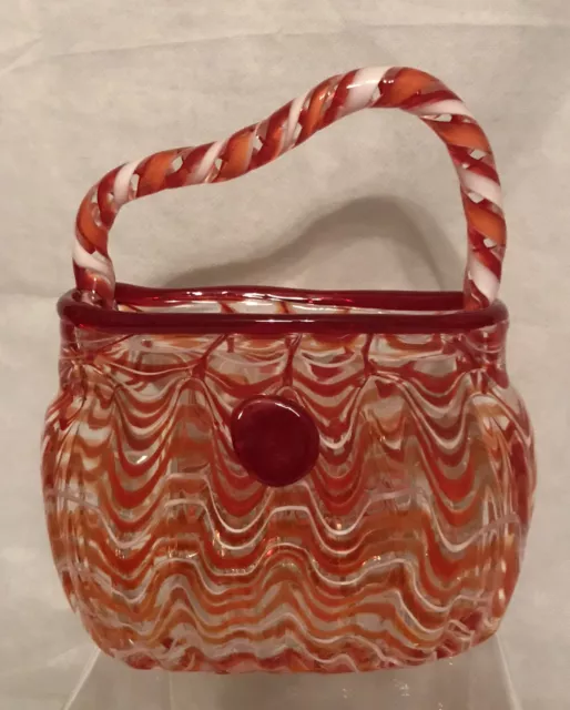 Vintage Pier 1 Hand Blown Glass Purse Handbag Vase Planter Red White Orange