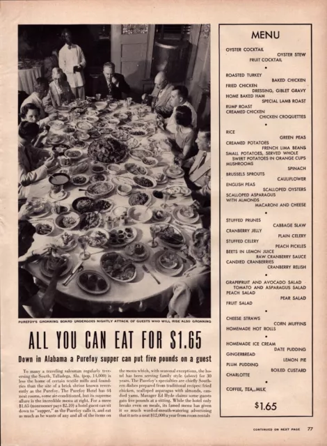 1949 Purefoy Hotel Talladega Alabama Supper Menu Vintage Print Page