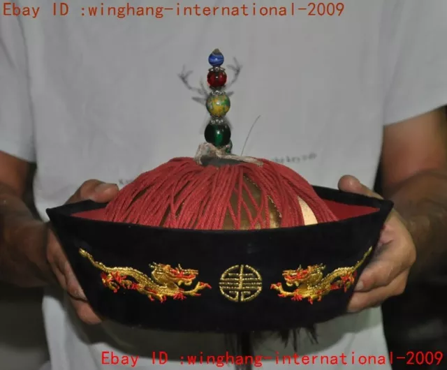 Old China Chinese Qing Dynasty cloth Peacock tail gem embroidery Dragon Hat Cap