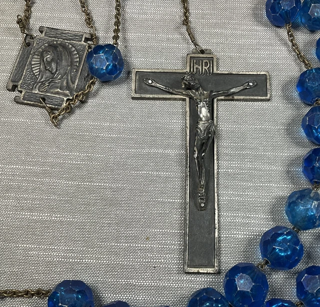 Vintage Rosary 1960s Large Blue Beads Christian H76