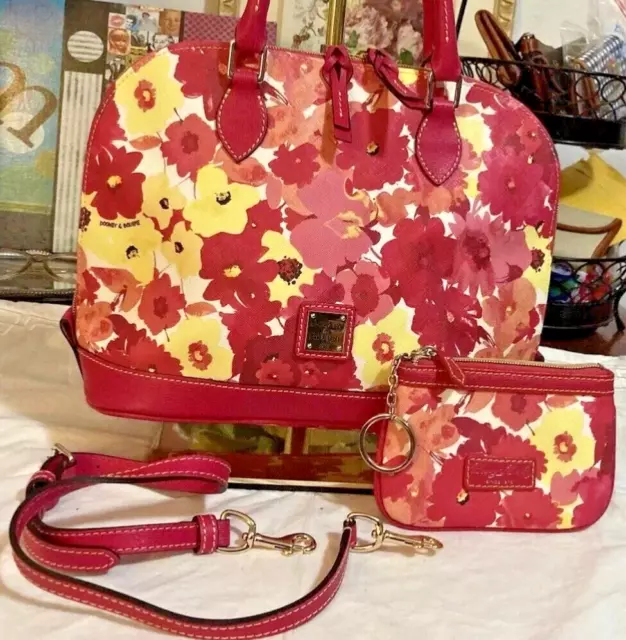 Dooney Bourke Set! Red Pink Floral Somerset Bloom Zip Zip Satchel & Pouch Wallet 3