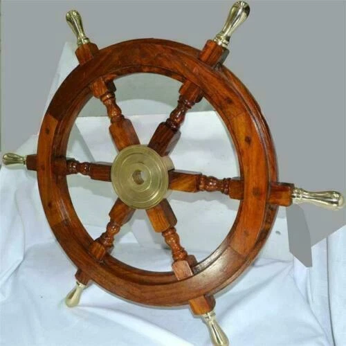18 '' Schiffsrad mit sechs Speichen aus Messing, Holzstreifen,...