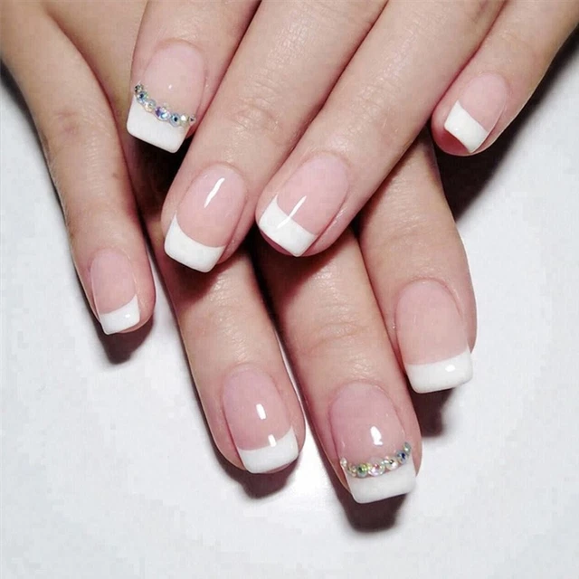 sur les ongles Manucure Faux Nials Faux ongles Français Carré court Cristal