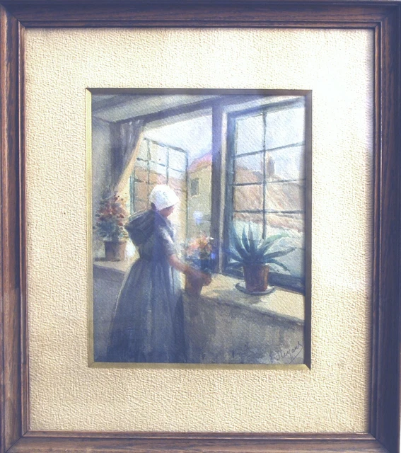 Aquarelle Originale XIXe Siècle - Signée, Paysage De Montagne Et Lac Avec Jeune Femme, Bon état Général