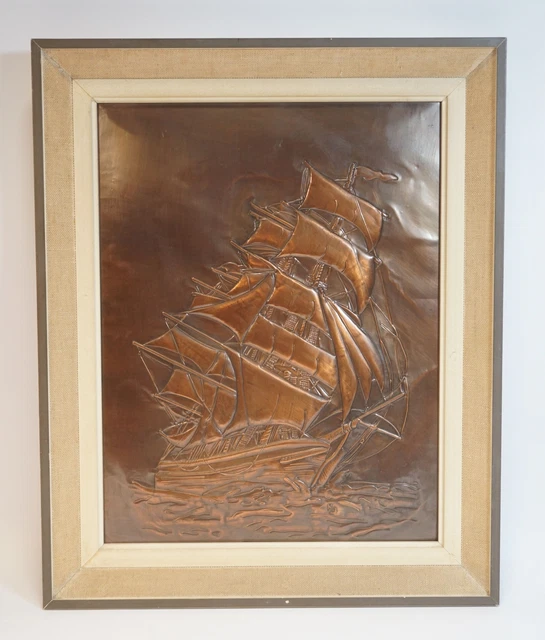 VINTAGE ALTES KUPFERBILD Relief Segelschiff auf See in voller Fahrt