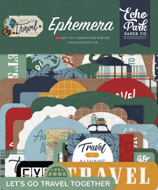 Paquete de 3 Cardstock Echo Park Ephemera 33/Paquete-Iconos, Let's Go Travel GT310024