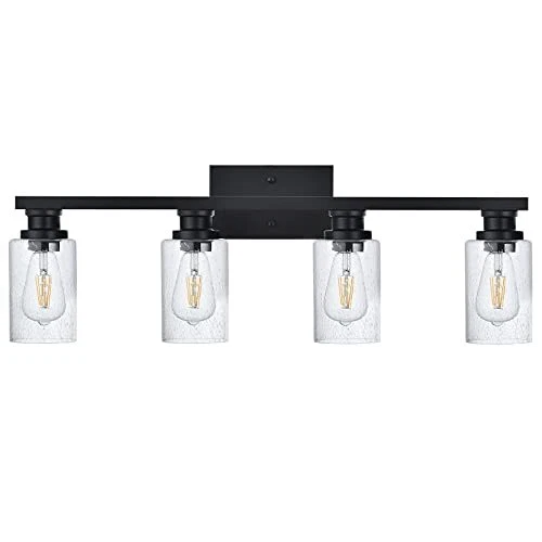 VINLUZ 4 Light Vintage Bath Vanity Light Black Finish with Seedy Glass ShadeF...