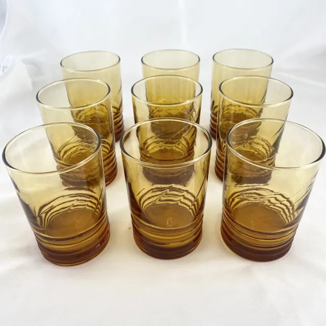 Set of 9 Vintage Libbey Amber Juice Tumblers Swirled Ringed Bottom 8 Oz Glass