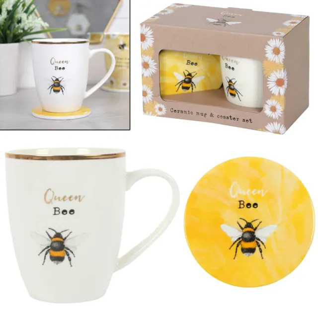 Queen Bee Ceramic Coffee Mug & Coaster Set Bumblebee Design Boxed Gift Set