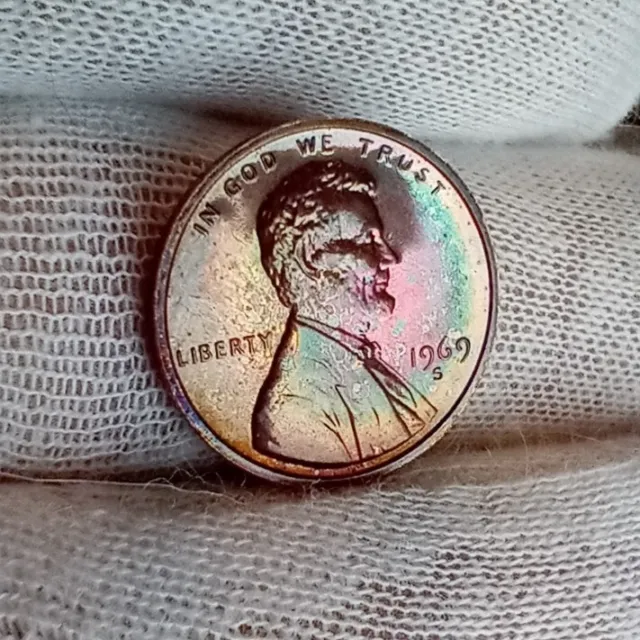 1969 S GEM PROOF LINCOLN CENT Memorial penny NATURAL TONING Rainbow toned beauty