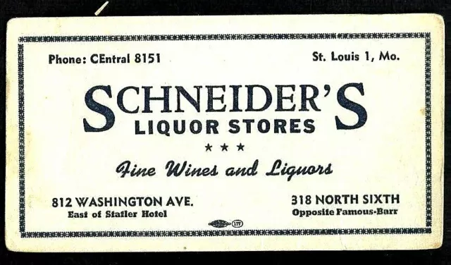 SCHNEIDER'S LIQUOR STORES Advertising Card St Louis MO by Famous Barr & Statler