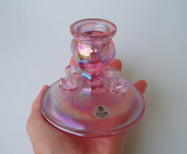 Vtg 1990s Fenton Dolphin Fish Candlestick Pink Iridescent Carnival Glass 3 1/8"T