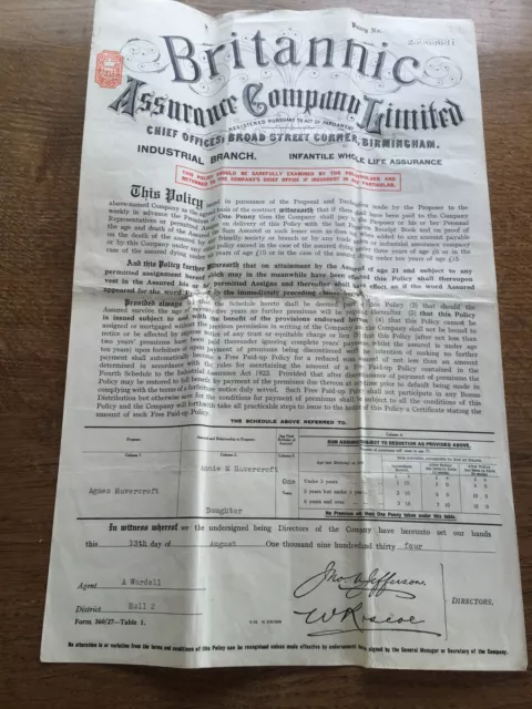 1934 BRITANNIC ASSURANCE Co Ltd CERTIFICATE Annie Havercroft Hull Paper Ephemera