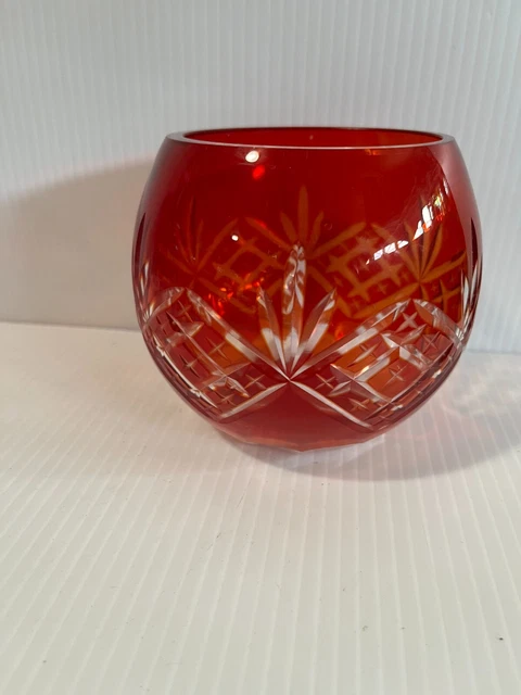 Cranberry Cut to Clear Crystal Bowl 4 x 4.5"