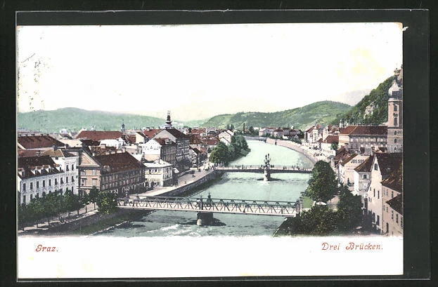 Ansichtskarte Graz, Drei Brücken mit Ortsansicht 1904