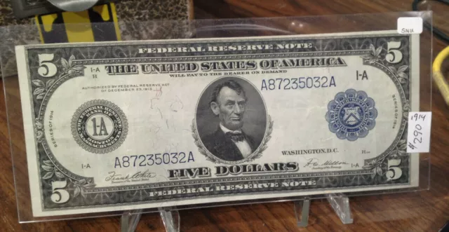 1914 $5 Blue Seal Large Size Federal Reserve Note  - Very Crispy,  Super Sharp !