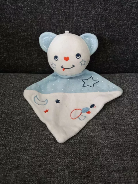 B6-Doudou ours bleu blanc étoiles champignons Spilec Leclerc