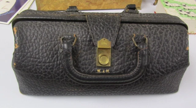 Vintage Eli Lilly Walrus Leather Doctor's Bag with Handles and Metal Lock 14x6x5