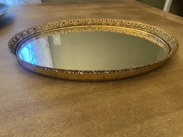 VTG Dresser Tray Mirror Oval Gold Filigree VANITY PERFUME Hollywood Regency