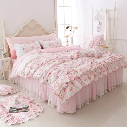 100%Cotton Floral Printed Princess Bedding Set Pink  Lace Ruffle  Bed Skirt Set