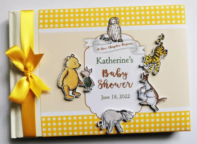 Personalised Classic Winnie the Pooh yellow baby shower guest book, album, gift