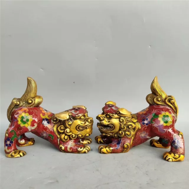 Collect Chinese pure copper gilt Cloisonne Hand-made Brave troops statue A pair