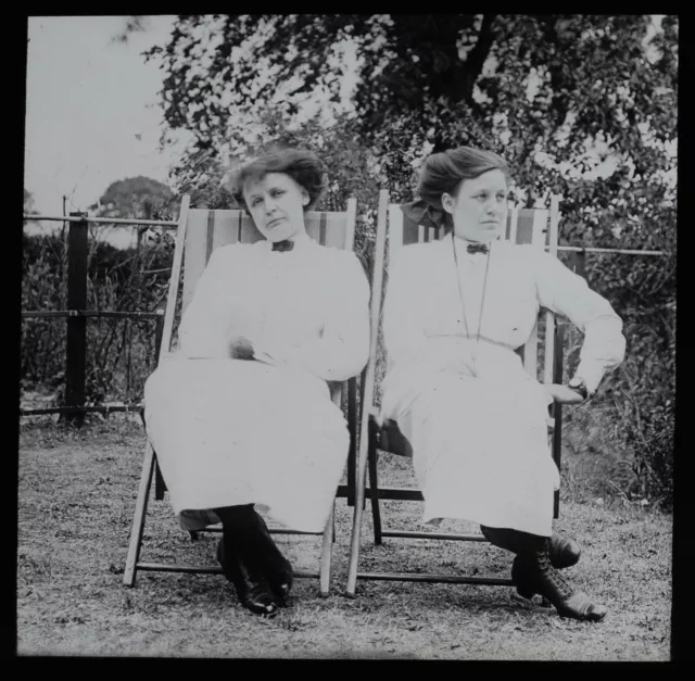 Magic Lantern Slide EDWARDIAN TWIN SISTERS ON DECK CHAIRS C1910 PHOTO GOUGH