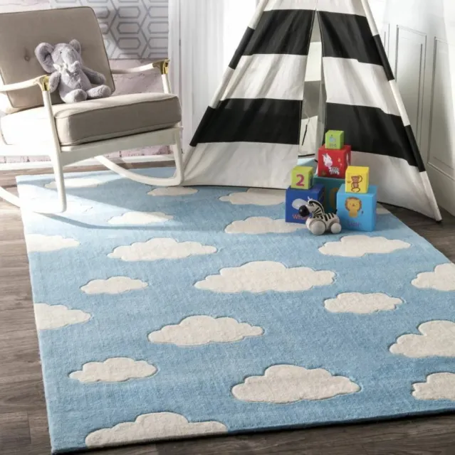 Kids Clouds Baby Blue Hand-Tufted 100% Wool Soft Area Rug Carpet