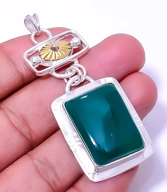 Green Onyx Gemstone 925 Sterling Silver Designer Two Tone Pendant 2.34" A38