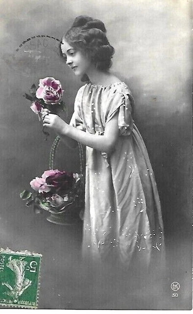 CPA Old Girl Rose Basket Postcard circa 1905