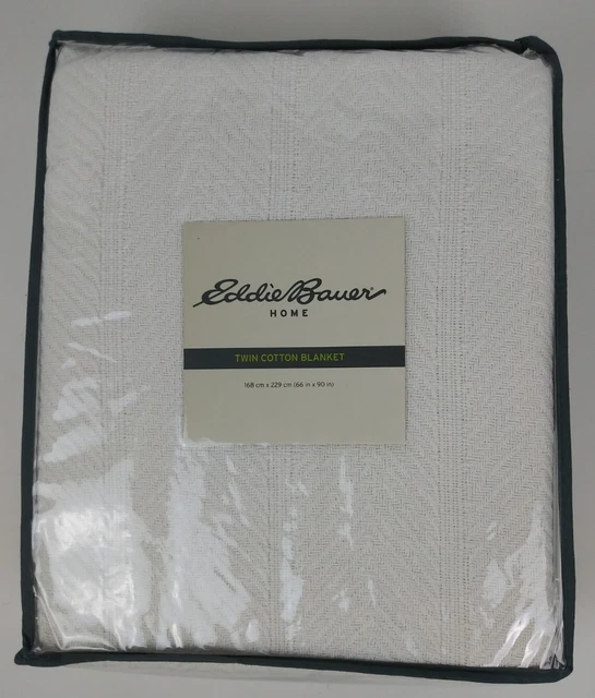 Eddie Bauer Home Twin Cotton Blanket White Herringbone 66 x 90 in New