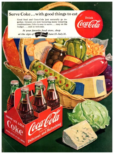 PRINT AD 1951 Coca Cola Coke 6 Pack Food Basket Olives Sausage Snacks 8x11