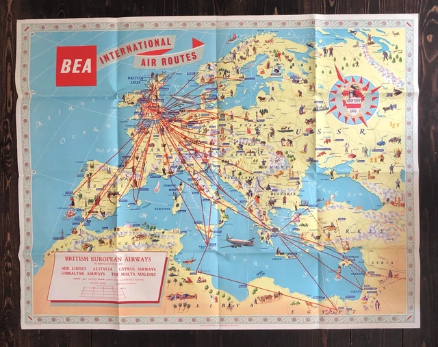 Bea British European Airways Original Vintage Route Map Airline Poster 1958