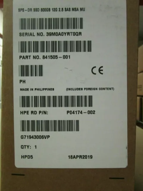 Brand New Hpe Msa 800Gb 12G Sas Mixed Use Sff 2.5In Ssd N9X96A 841505-001 2