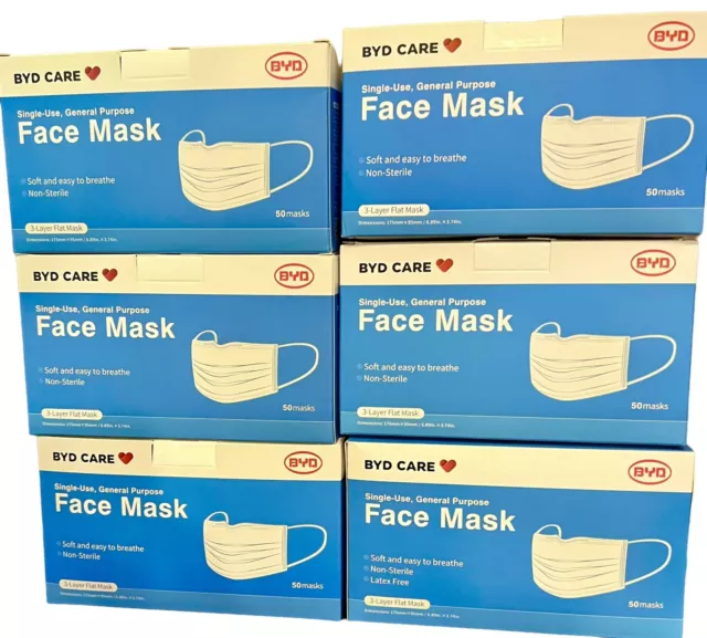 6x Boxes 300pcs BYD CARE Surgical Face Flat Mask Disposable Single Use 50 pcs ea