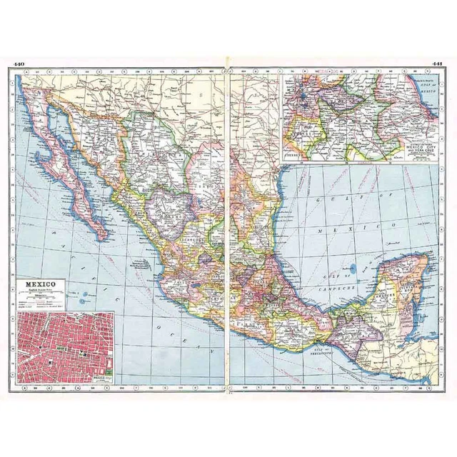 Antique Map 1920 - MEXICO Inset of Mexico City - Harmsworth Atlas