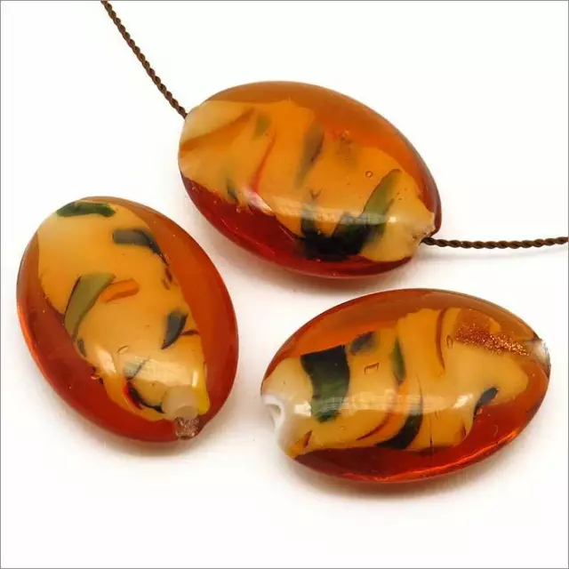 Lot de 4 Perles Artisanales en Verre Lampwork Ovales Plates 25x18mm Marron