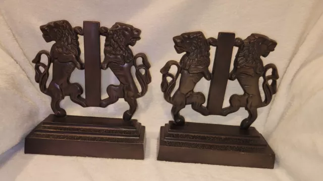 Pair Of Cast Iron Regal Lions Bookends Heavy Large 8"×8.5" Bronze Finish