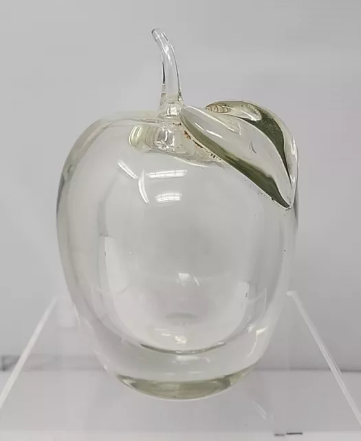 Hand Blown Art Glass Apple Paperweight w/Stem - 6" Crystal Clear