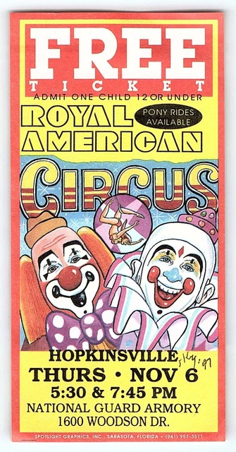1997 HOPKINSVILLE KY Royal American Circus National Guard Armory Ticket