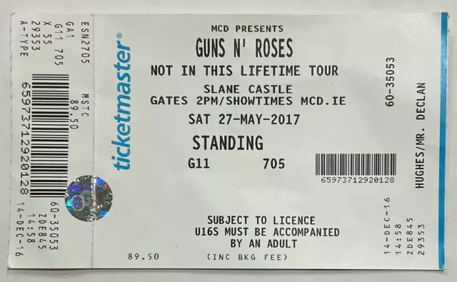 Guns N' Roses Original Unused Concert Ticket Slane Castle 27th May 2017