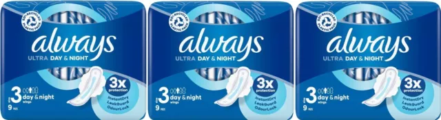 27 x Always Ultra Day & Night Size 3 Towels with Wings Instant Dry Towels