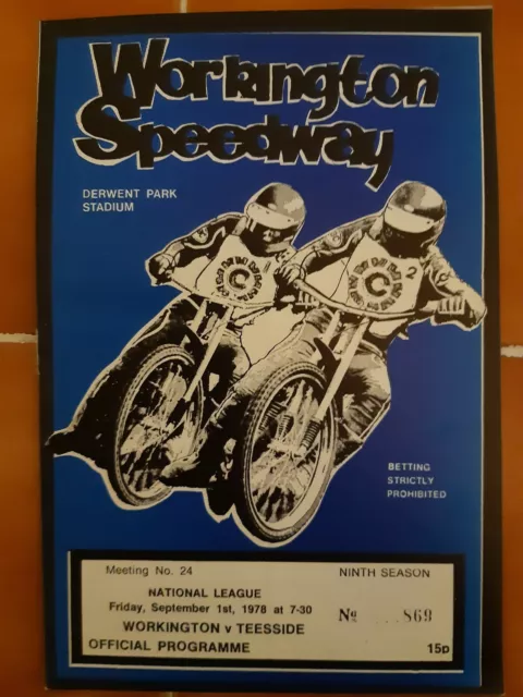WORKINGTON vs TEESSIDE SPEEDWAY PROGRAMME 1/9/1978 (EXCELLENT CONDITION)