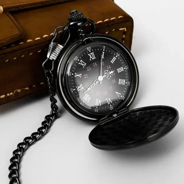 Classic Black Pocket Watch Quartz Fashion Full Hunter with Chain Necklace Gift